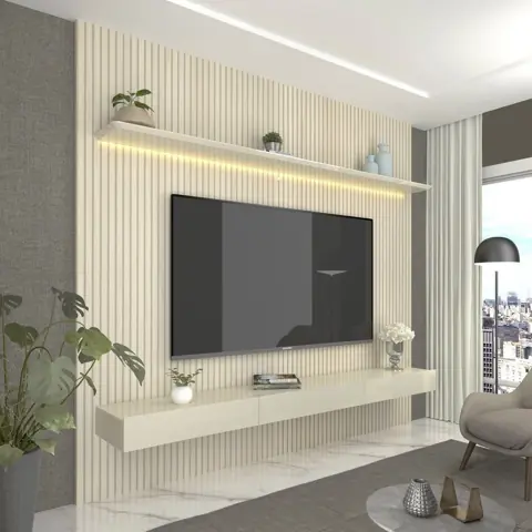 Painel para TV até 90 Polegadas com LED 100% MDF 224CMX250CM Impressão Ripada com Gaveta Requinte Branco Off...