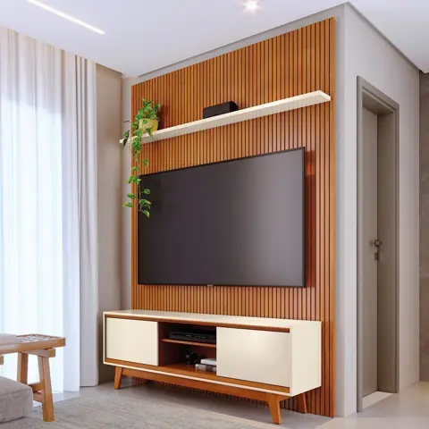 Rack com Painel para TV até 65 Polegadas MDF 179cmx244cm Frisado Milo Cinamomo/Off White