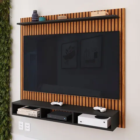 Painel para TV 32 a 50 Polegadas Maxxi Ripado 3D com Nichos Prateleira e Acabamento em MDP para Sala Quarto