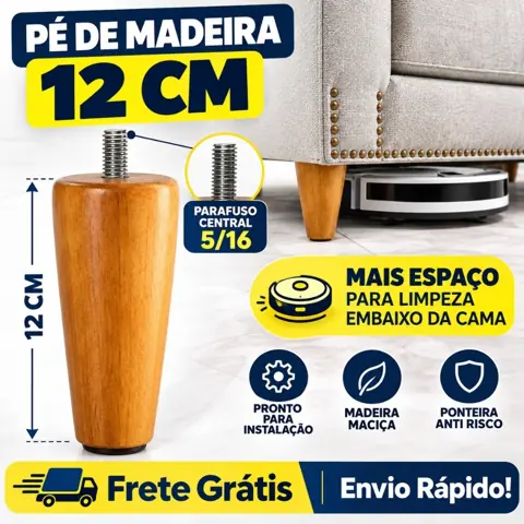Kit Pé De Sofá Rack Comoda 12 cm Madeira Pézinho Sapata Cor Natural/Preto com Bucha