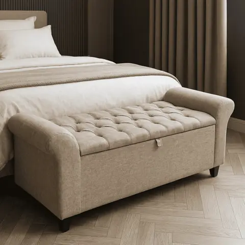 Baú Puff Recamier Divã Paris 150 cm Queen Banqueta Organizador Capitonê Tecido Suede Linho Estrutura Madeira...