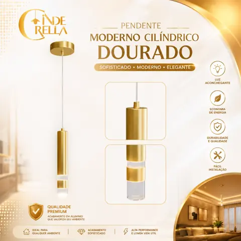 Pendente Moderno Cilíndrico Dourado - Luminária de Teto Decorativa para Sala, Cozinha e Bancada