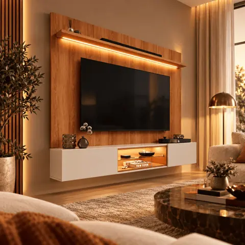Painel com Rack Copa do Mundo Milano para TV até 70” com LED, Nicho Iluminado e Portas Basculantes