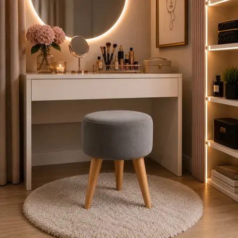 Puff Redondo Decorativo 36cm Estofado Banco com Pes Palito Sala Quarto Closet Moderno