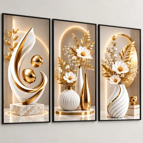 Quadro Decorativo 3 Peças Abstrato Geométrico Vasos Dourados Sala Quarto Escritório