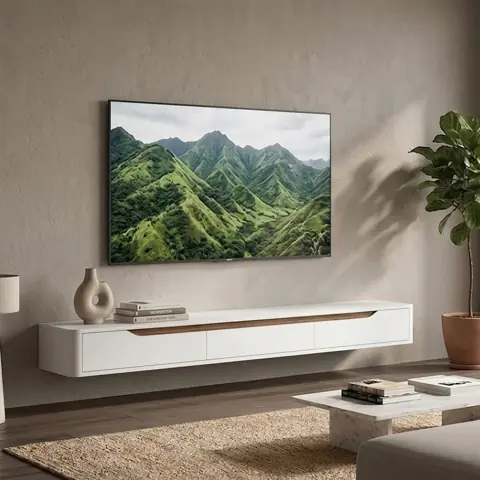 Rack Suspenso Slim Curvo 180cm para TV até 65” Moderno Luxo com Portas Basculantes