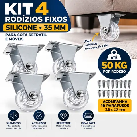 Rodinha Rodizio fixa de silicone para sofá retrátil 5cm de altura + Parafusos de Instalação