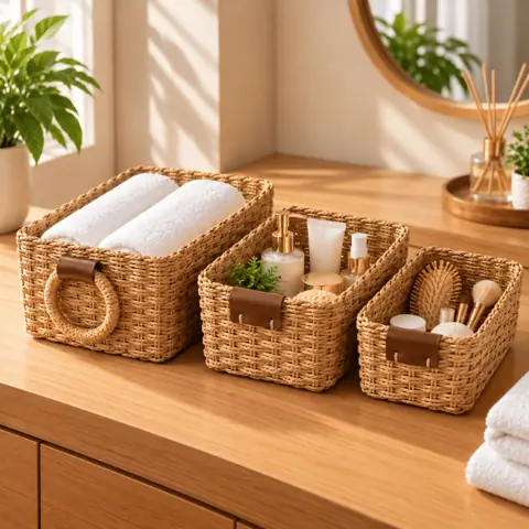 3 Cestos Conjunto Organizador Rústico Em Corda Natural Boho