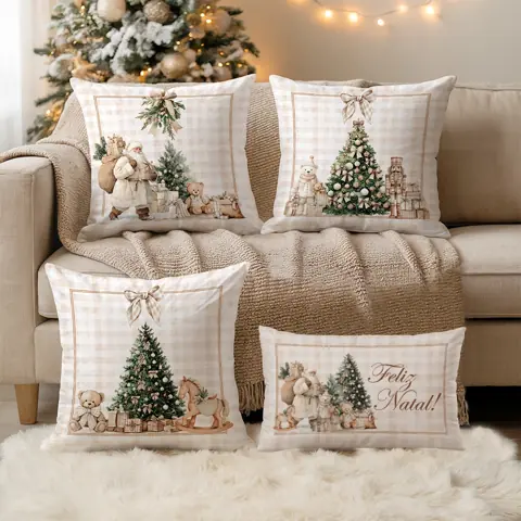 Kit 4 Capas Almofadas de Veludo Natal Noel Árvore - Para Sofá Cama Sala Quarto (3 unid. 43x43cm e 1 unid...
