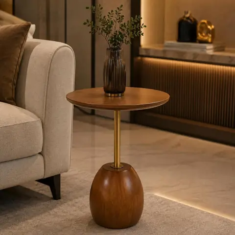 Mesa Lateral Madeira Maciça com Haste Dourada e Tampo Redondo 40cm Design Moderno Mesa de Apoio Redonda...