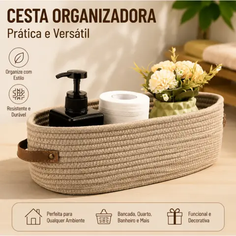 Cesto Organizador Corda de Algodão de Armazenamento e Organização Detalhe em Couro 33cmx10cm