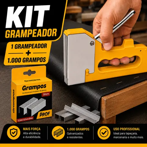Kit Grampeador Manual Tapeceiro + 1.000 Grampos 8mm para Madeira Estofados Móveis Marcenaria