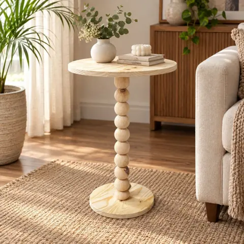 Mesa de apoio, mesa lateral em madeira pinus com haste torneada em esferas - bolinhas