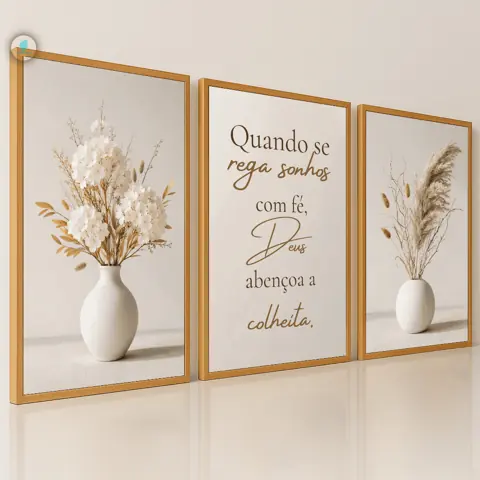 Quadros Decorativos Trio Vasos Flores Brancas Fé Bíblico Moderno 3D Sala Quarto