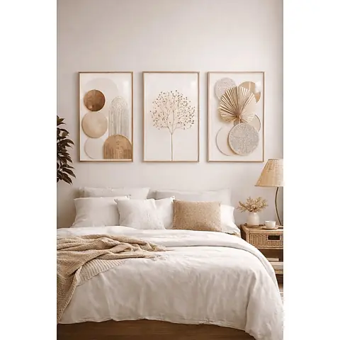 Kit 3 Quadros Decorativos Abstratos Geométricos Boho Neutro Carvalho