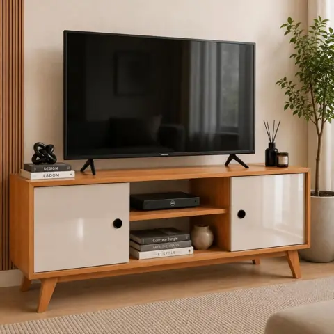 Rack Multiuso 109cm com Pés de Madeira e Portas de Correr com Nichos Aparador Sala MDP Balcão Versátil Moderno