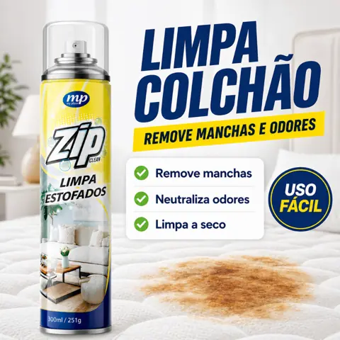 Limpa Estofado Colchão Sofá Zip Clean 300ml Espuma a Seco Remove Manchas Odor Tapete Sem Molhar