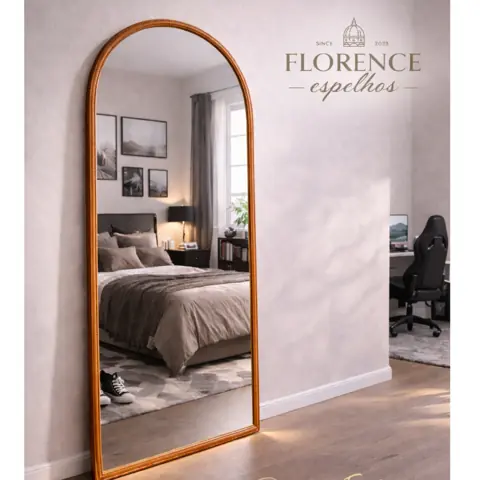 Espelho Verona Oval Base Reta Corpo Inteiro Com Moldura em Couro Premium 120x50 Sala Quarto