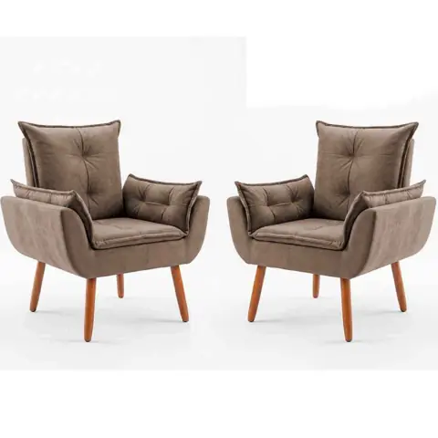 Kit com 2 Poltronas Decorativa Opala Pés Palito Premium, Reforçada, Cozinha, Quarto Suede Capuccino