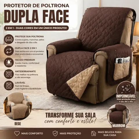 Protetor de Poltrona Dupla Face Impermeável 2 em 1 Capa Reclinável Lavável Antiderrapante Premium
