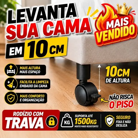 Pé Rodízio TRAVA Cama Box Baú Sofá Universal Madeira 11cm REFORÇADO 1500kg Não Risca Piso 4 6 8 12
