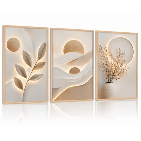 Trio de Quadros Decorativos 3D Luxo Bege e Dourado com Ilusão de Luz Estilo Moderno Minimalista