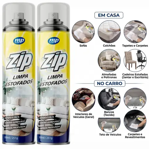 Espuma Limpa Estofados Tira Manchas Sofá Carro Tênis Zip 300ml Spray Ação Rápida Secagem Limpeza a Seco...