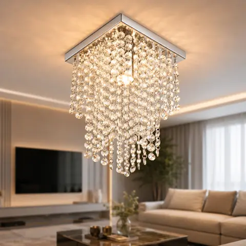 Lustre Plafon Omega Cristal Acrílico Inox Espelhado Moderno Sala Quarto Luxo Premium Led