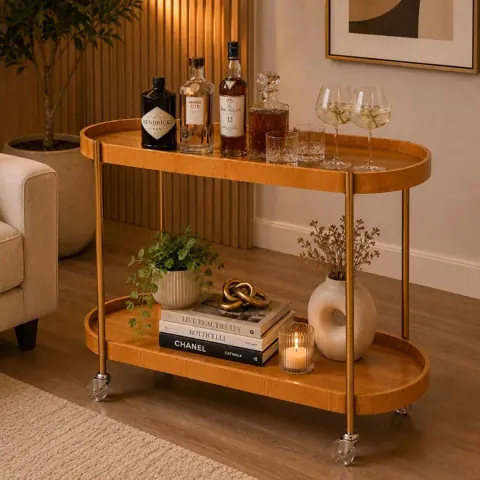 Carrinho Bar Oval Cinamomo Multiuso Dourado com Rodinhas Cristaleira Aparador Adega Decorativa Moderna Base...