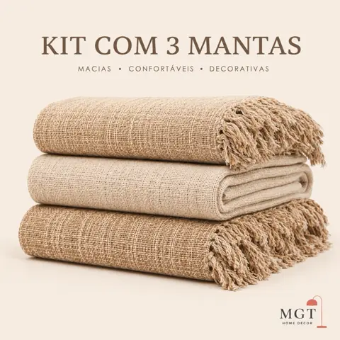Kit 3 mantas para sofá e cama decorativa com franjas peseira sala e quarto 2,10x1,20m