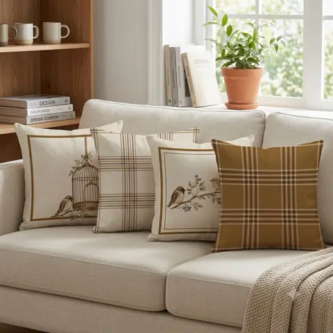 Capas De Almofada Cottage Caramelo Linho 43x43 Estampa Passarinho Gaiola Xadrez Com Zíper Sala