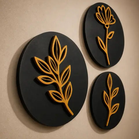 Trio Quadros Redondos Decorativos Moderno Decoração Mdf Flor Folhagem