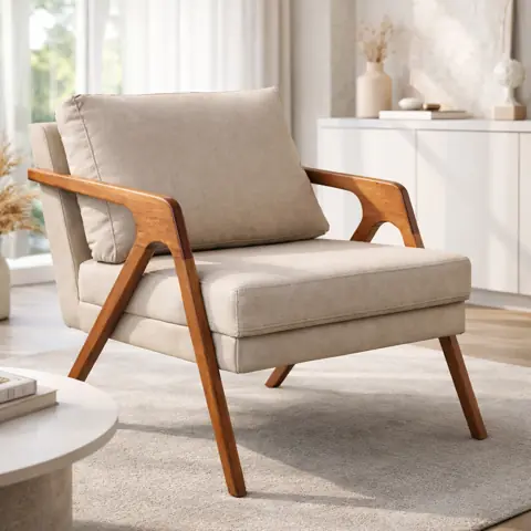 Poltrona Moderna Decorativa Tecido Linho Pés Em Madeira Premium Sala E Quarto Conforto Luxo Cor Bege