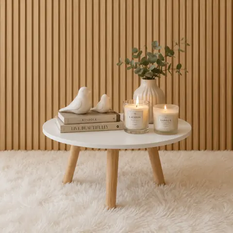 Mesa de Centro Redonda Moderna MDF com Pés de Pinus Sala de Estar Decorativa Nórdica