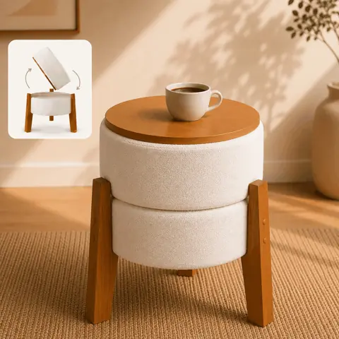 Puff Moderno 2 em 1 - Assento ou Mesa de Apoio - Tecido Boucle Pés em Madeira Maciça Banqueta Multiuso Puff...