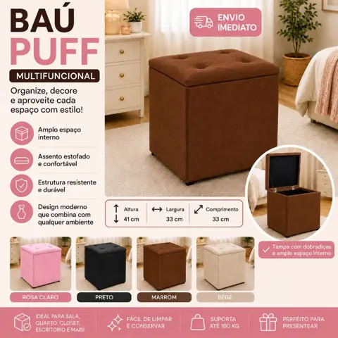 Puff Baú Decorativo Multiuso Assento Estofado Para Quarto Sala Closet Penteadeira Escola
