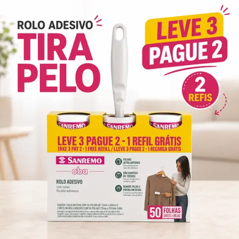Kit Rolo Tira Pelos Adesivo Rolinho Cama Sofá Pet Refil Poeira Tecidos Sanremo 50 Folhas Limpeza Estofado...