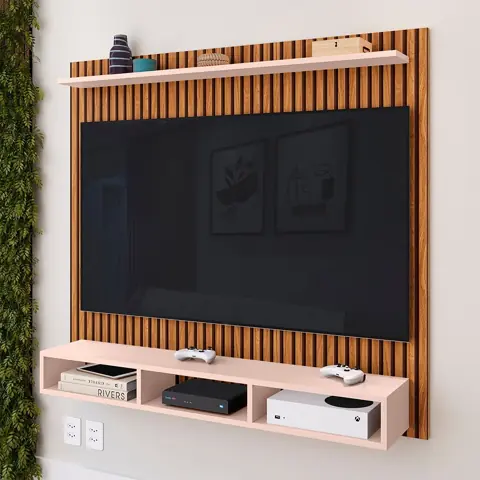 Painel para TV Até 32 a 50 Polegadas Home Ripado 3D Mania de Móveis Sala Quarto Nichos e Prateleira