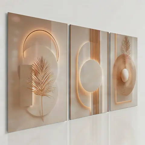 Quadros Decorativos Kit Sala Quarto Abstrato Clean Bege Luz Neutro Trio Dourado Luzes Orgânico Luxo