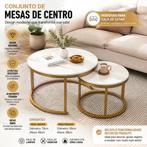Conjunto Mesa de Centro Ninho 2 Mesas Redondas Moderna Elegante para Sofá Sala Estar Decoração Casa