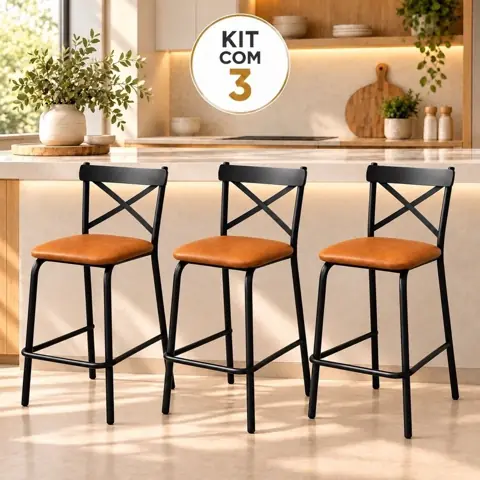 Kit 3 Banqueta Alta Estofada Ferro Reforçada Moderna Industrial para Área Gourmet