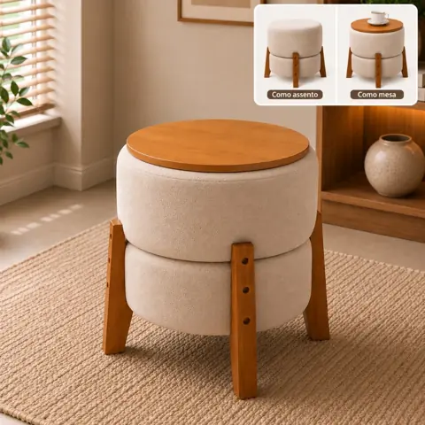 Puff Moderno 2 em 1 - Assento ou Mesa de Apoio - Tecido Boucle Luxo Pés em Madeira Maciça Banqueta Multiuso...
