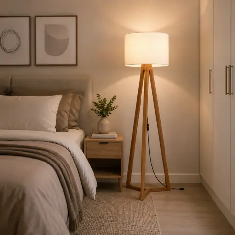 Luminária de Chão Piso Abajur Cupula Tecido Madeira Bivolt Moderno Decorativo Para Sala Quarto Luminária Tripé