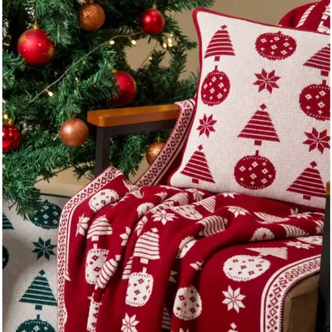 Kit Manta Natal Sofa Poltrona + 2 Capas Almofada Natal Tricot Ziper Decoração