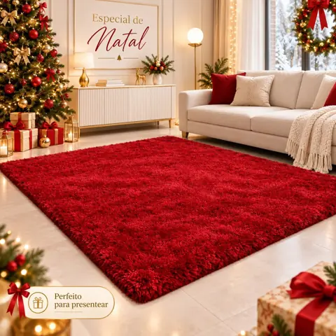 Tapete Vermelho Natal 2,00 x 1,40m Felpudo Peludo Extra Macio Elegante Antiderrapante