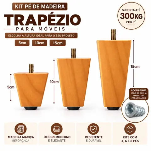 Kit Pé Trapézio Para Móveis De Madeira 5cm Altura 15cm Ajustável para Cama Box Sofá Móveis Reforçado...
