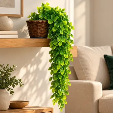 Kit Planta Decorativa: Vaso Trançado Marrom + Pendente Artificial Folhas De Eucalipto