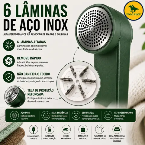 Removedor de Fiapos Elétrico USB Recarregável 6 Lâminas em Aço Inoxidável para Roupas Sofás e Cobertores