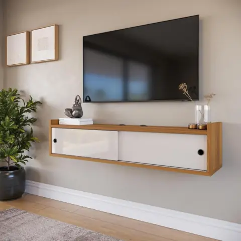 Rack Suspenso para TV até 45 Polegadas Estante de Parede com Portas de Correr Penteadeira Suspensa com Passa...