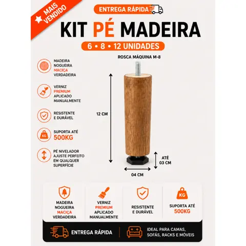 Pé Madeira Nogueira 12CM Ajustável para Cama Box Sofá Móveis Reforçado Antidesnível Universal